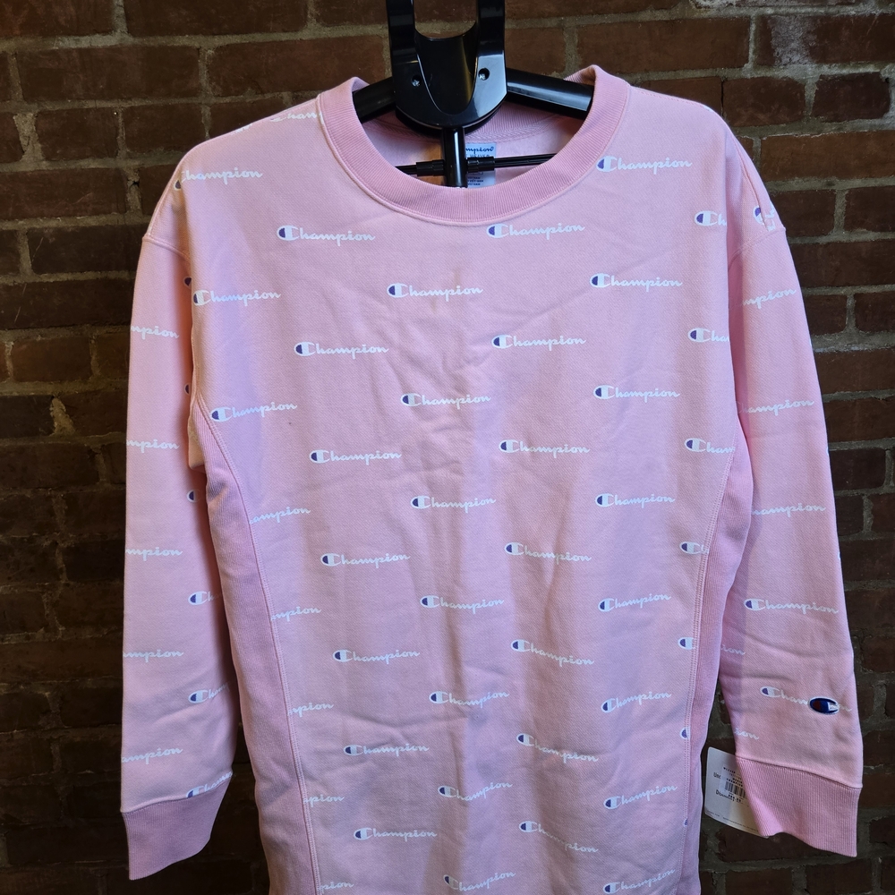 Champion Reverse Weave Sweatshirt Mens Medium Pink All Over Logo Crewneck NWT